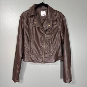 Bongo Brown Vegan Leather Quilted Accent Moto Jacket - Size Small - Junior Biker